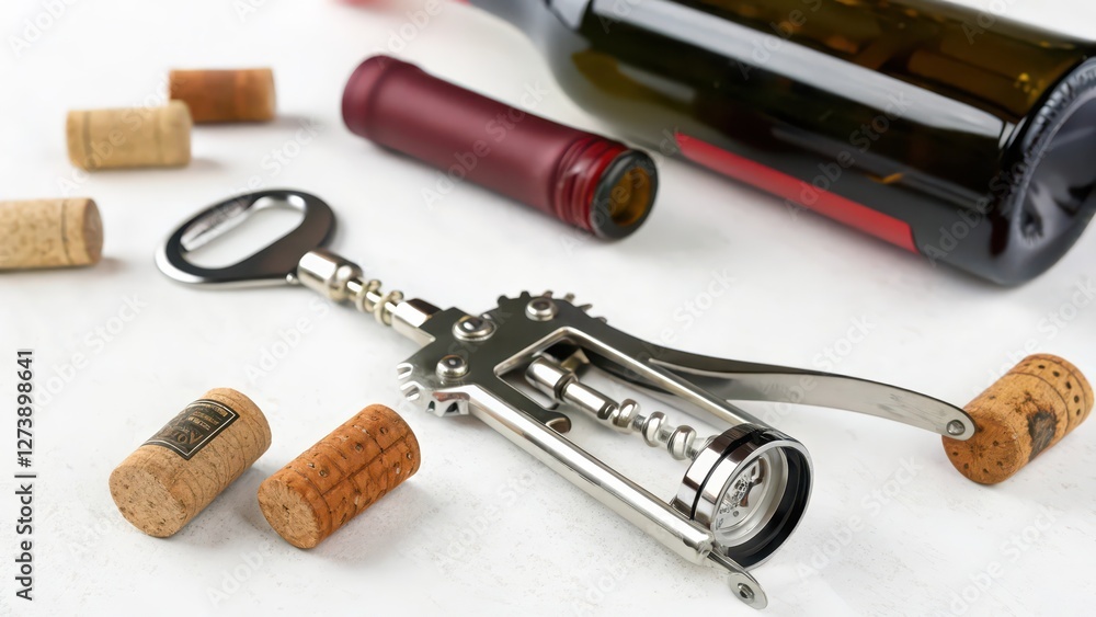 Corkscrew, Wine Bottle, and Corks on White Background Corkscrew, Wine Bottle, and Corks on White Background