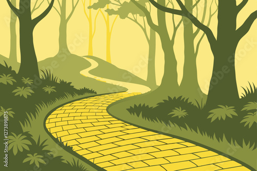  Yellow brick road, winding path, enchanted forest, misty atmosphere, golden sunlight, lush greenery, magical landscape, fantasy scene, dream-like, ethereal glow, Wizard of Oz inspired, mystical jou