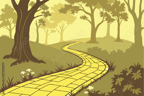  Yellow brick road, winding path, enchanted forest, misty atmosphere, golden sunlight, lush greenery, magical landscape, fantasy scene, dream-like, ethereal glow, Wizard of Oz inspired, mystical jou