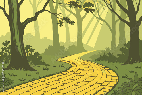  Yellow brick road, winding path, enchanted forest, misty atmosphere, golden sunlight, lush greenery, magical landscape, fantasy scene, dream-like, ethereal glow, Wizard of Oz inspired, mystical jou