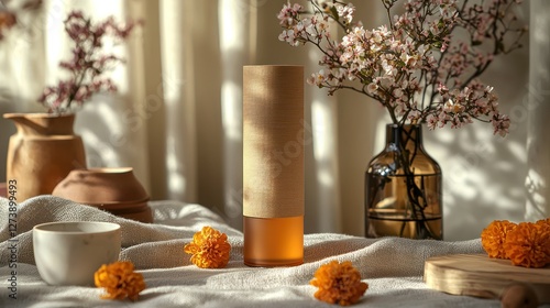 Serene still life featuring a textured glass bottle, floral arrangements, and rustic pottery in soft light