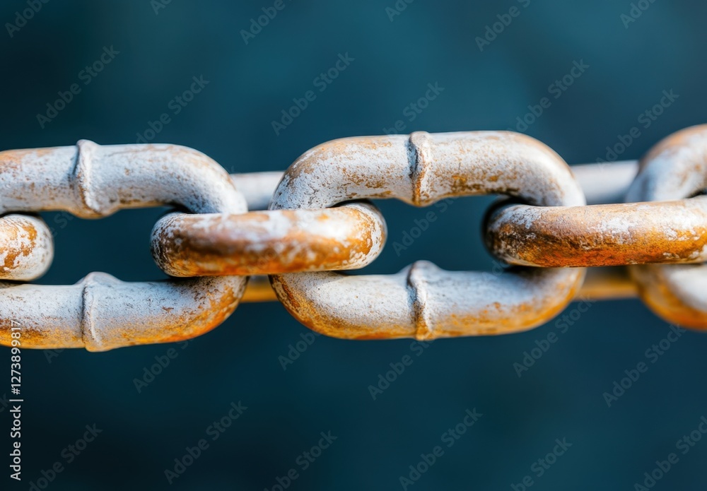 Close up of a rusty chain links against a dark blue background. The chain shows signs of wear and age, with a mix of white and rust colored tones Close up of a rusty chain links against a dark blue background. The chain shows signs of wear and age, with a mix of white and rust colored tones
