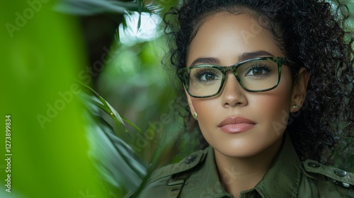 Woman wearing glasses poses among lush greenery in a tropical setting during daylight hours photo