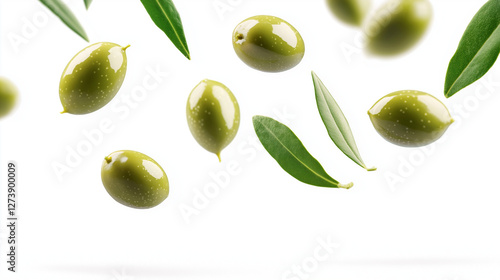 Wallpaper Mural flying  green olives  and green leaves isolated on white background Torontodigital.ca