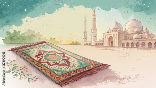 Watercolor prayer mat background, intricate patterns in rich colors, serene setting for spiritual gatherings during Eid al-Adha, with copy space