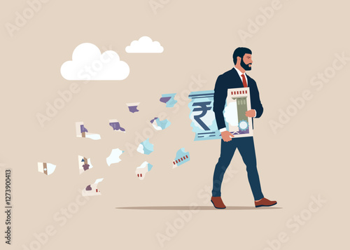 Businessman holding big rupee banknote money while loss, crumble and reduce in value. Lose money rupee investment in financial crisis, profit and loss in business or deflation and inflation concept.