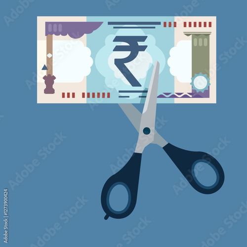 Cutting scissors to cut rupee banknotes. Divide money, share profits. Cost reduction or cut price. Flat vector illustration.