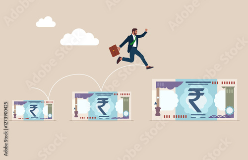 Businessman running on rupee banknotes arranged in a row. Extensive financial or economic growth. Profit from the stock market or investment. Flat vector illustration.