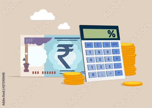 Calculator and of rupee banknote. Loan calculation, budget allocation, expense and debt pay off or payment. Flat vector illustration