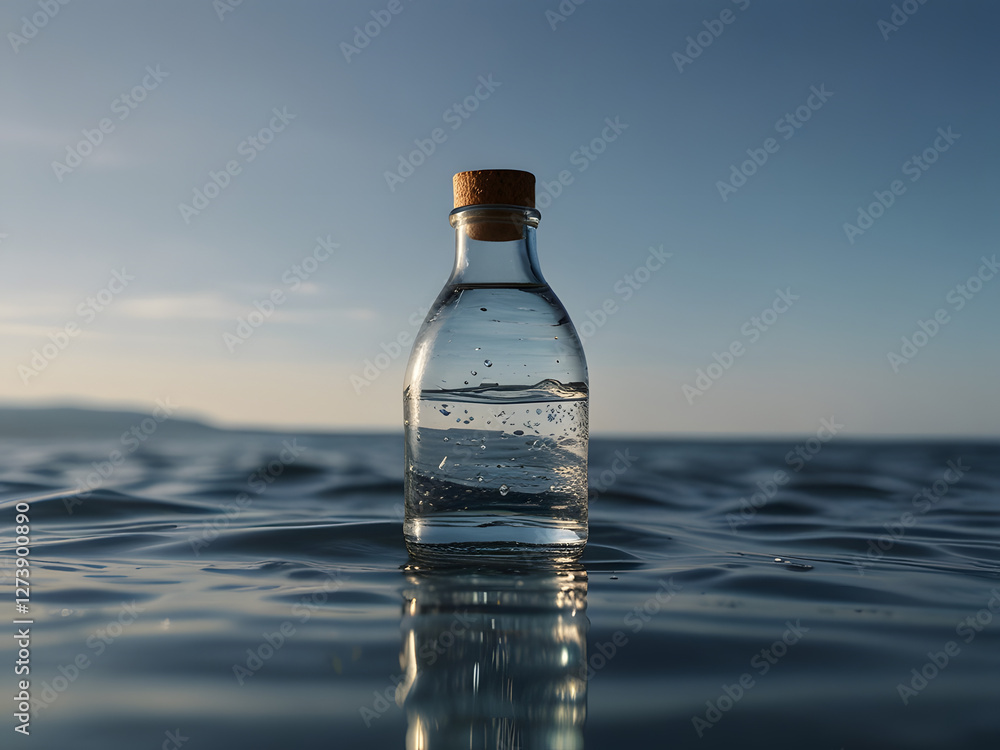 A crisp and serene minimalist photography style features a solitary transparent glass bottle of water with subtle, gentle waves rippling on its surface, contrasting beautifully against a calm, solid A crisp and serene minimalist photography style features a solitary transparent glass bottle of water with subtle, gentle waves rippling on its surface, contrasting beautifully against a calm, solid