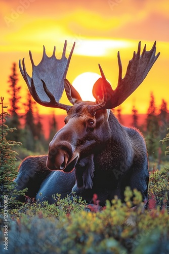 Obraz na płótnie Majestic moose resting peacefully at sunset in a vibrant forest landscape of Alaska nature w salonie