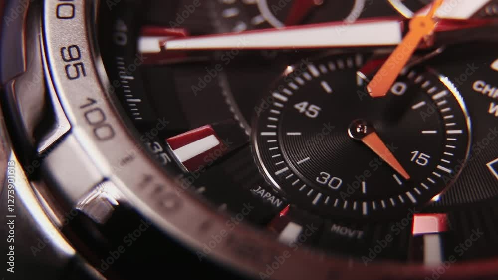 Ticking Clock face with moving hands on a quartz watch with chronograph
Ticking Clock face with moving hands on a quartz watch with chronograph