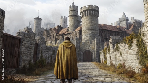 A cloaked traveler walks toward a fortified medieval city with stone walls, wooden houses, and towering castles under a misty sky. Ideal for storytelling, RPGs, and historical themes