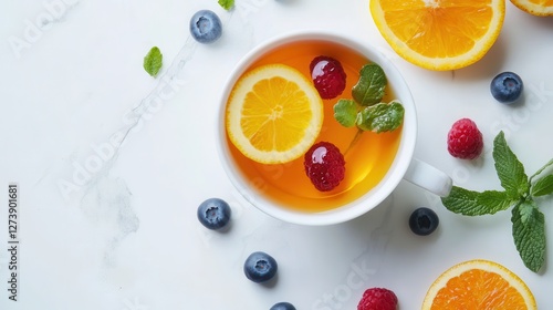 A cup of tea sits on a table, adorned with fresh fruit and mint leaves, creating a refreshing and vibrant presentation for tea lovers.