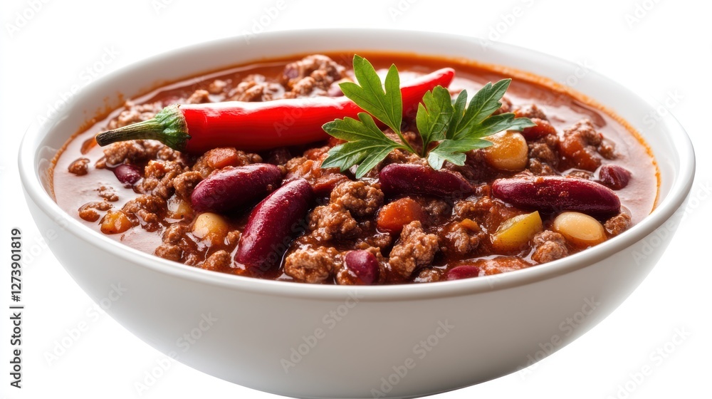 Spicy chili beef stew in bowl, white background. Food photography for recipe websites Spicy chili beef stew in bowl, white background. Food photography for recipe websites