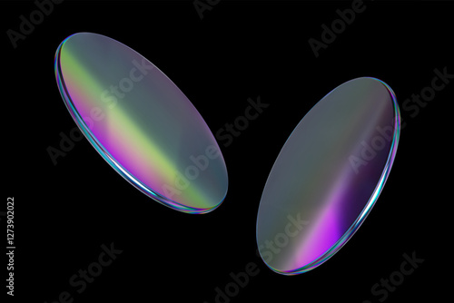 3d glass round lens. Set realistic transparent glass plate hologram effect. Mirror frame shape. Disk holographic texture. Fly round podium. Gradient gloss circular badge. Vector realistic illustration