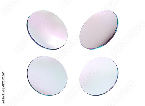 3d glass round lens. Set realistic transparent glass plate glossy effect. Mirror frame shape. Disk holographic texture. Fly round podium. Gradient gloss circular badge. Vector realistic illustration