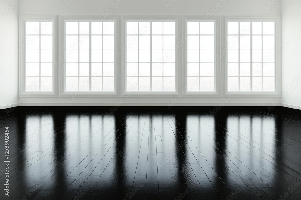 Large empty room with black wooden floors reflecting sunlight Large empty room with black wooden floors reflecting sunlight