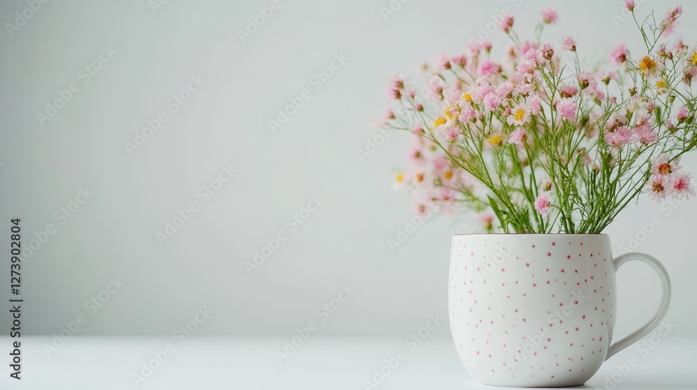 A delicate white cup filled with vibrant pink flowers, showcasing a charming and inviting floral arrangement. A delicate white cup filled with vibrant pink flowers, showcasing a charming and inviting floral arrangement.