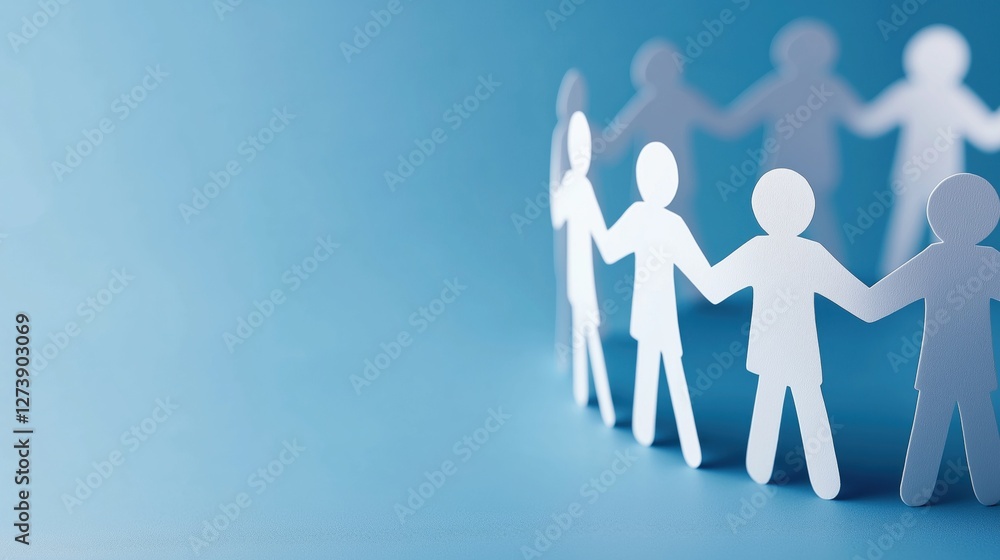 Paper cutouts of people holding hands create a circle against a blue background, symbolizing unity and togetherness in a creative art project. Paper cutouts of people holding hands create a circle against a blue background, symbolizing unity and togetherness in a creative art project.