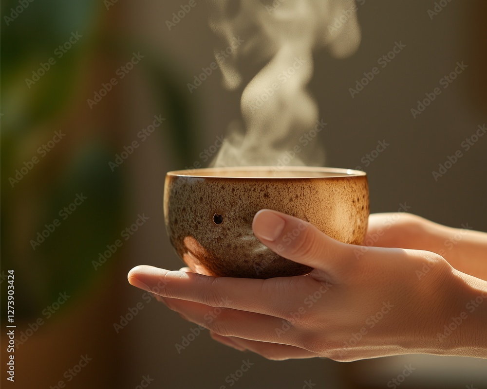 Fototapeta premium Health and Wellness close-up of hands holding a steaming herbal tea cup with a cozy, relaxing atmosphere