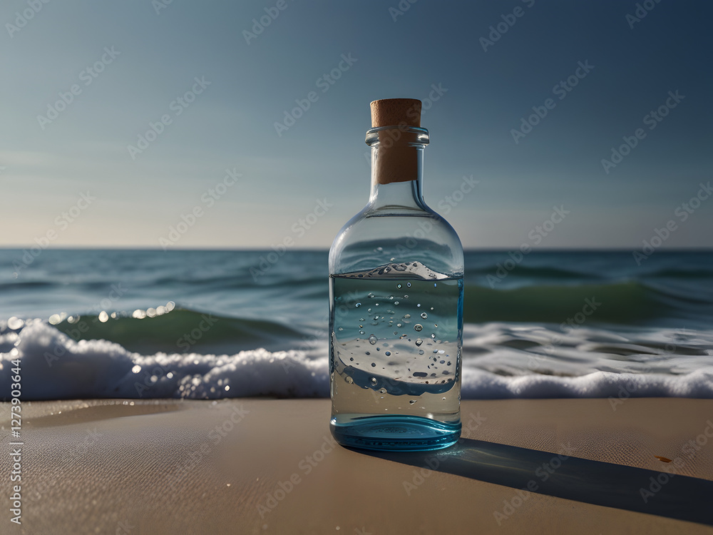 A crisp and serene minimalist photography style features a solitary transparent glass bottle of water with subtle, gentle waves rippling on its surface, contrasting beautifully against a calm, solid A crisp and serene minimalist photography style features a solitary transparent glass bottle of water with subtle, gentle waves rippling on its surface, contrasting beautifully against a calm, solid