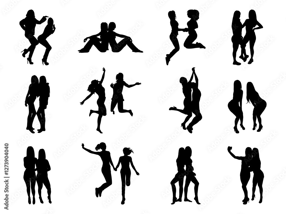 Set of Two Young Slender Women Silhouette in various poses isolated on white background Set of Two Young Slender Women Silhouette in various poses isolated on white background