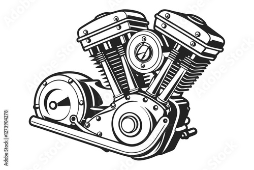  V-twin motorcycle engine, intricate mechanical detail, chrome and black metal, industrial design, precision engineering, pistons and cylinders, automotive photography, stark white background, high 