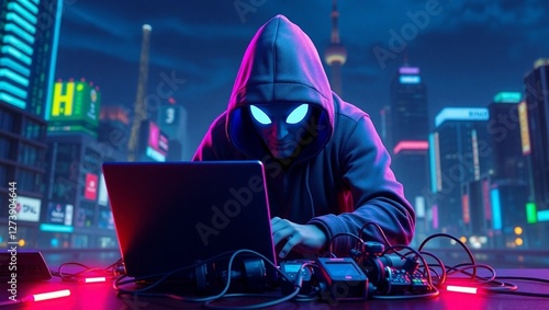 hacker working on a laptop with a cyberpunk, ai generated, computer security, hacking photo