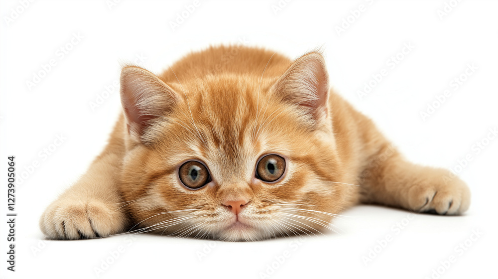 Obraz premium a close up of british shorthair cat in orange color fur sleeping on floor isolated on white background 