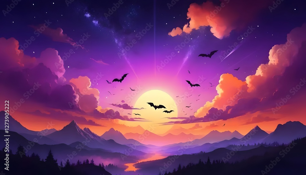 Naklejka premium halloween landscape with moon and bats