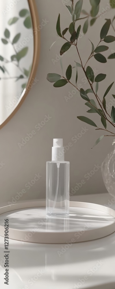 A transparent spray bottle with a white nozzle sits on a round vanity tray, surrounded by soft natural light and green leaves in a modern setting. A transparent spray bottle with a white nozzle sits on a round vanity tray, surrounded by soft natural light and green leaves in a modern setting.