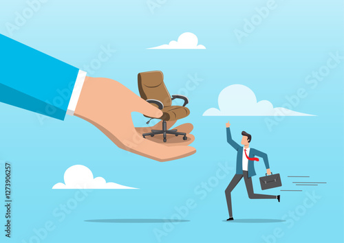 A boss helping hand give management chair to a happy, ambitious office businessman worker