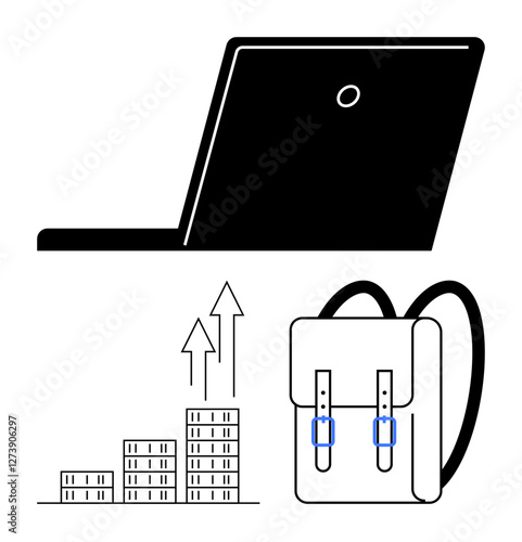 Laptop, stackable bar graph with ascending arrows, and a backpack. Ideal for e-learning, career growth, academic success, educational tools, data trends, online studies abstract line flat metaphor