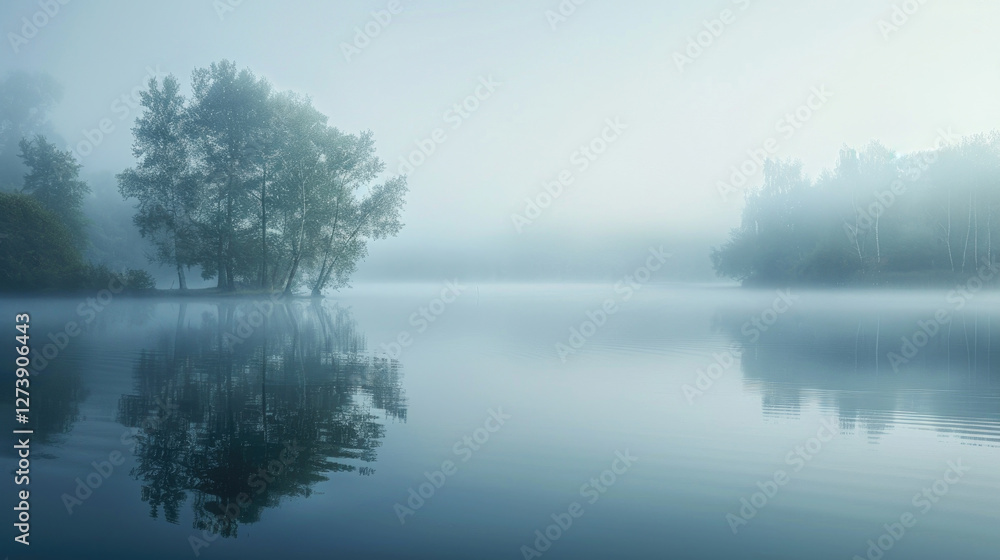 Serene Misty Lake with Trees Reflecting in Calm Water at Dawn Creating a Peaceful and Tranquil Natural Landscape