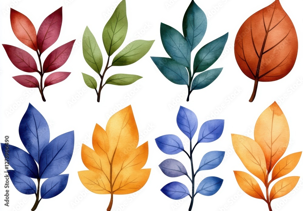 Fototapeta premium Collection of eight watercolor leaves in various autumnal colors deep red, green, teal, burnt orange, navy blue, golden yellow, and muted purple. 