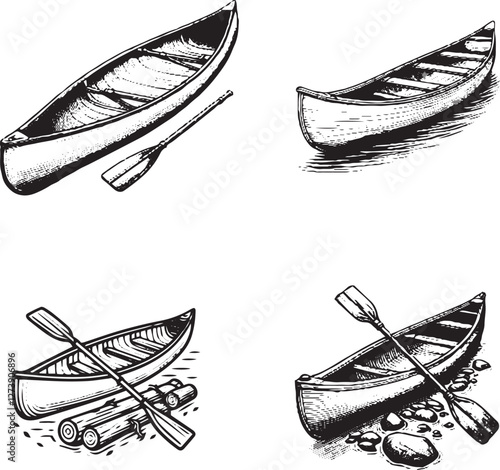 "Dynamic Canoe Illustrations - Black and White Cartoon-Style Canoes in Various Scenarios"