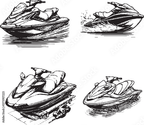 "Dynamic Jet Ski Illustrations - Black and White Cartoon-Style Jet Skis in Action"