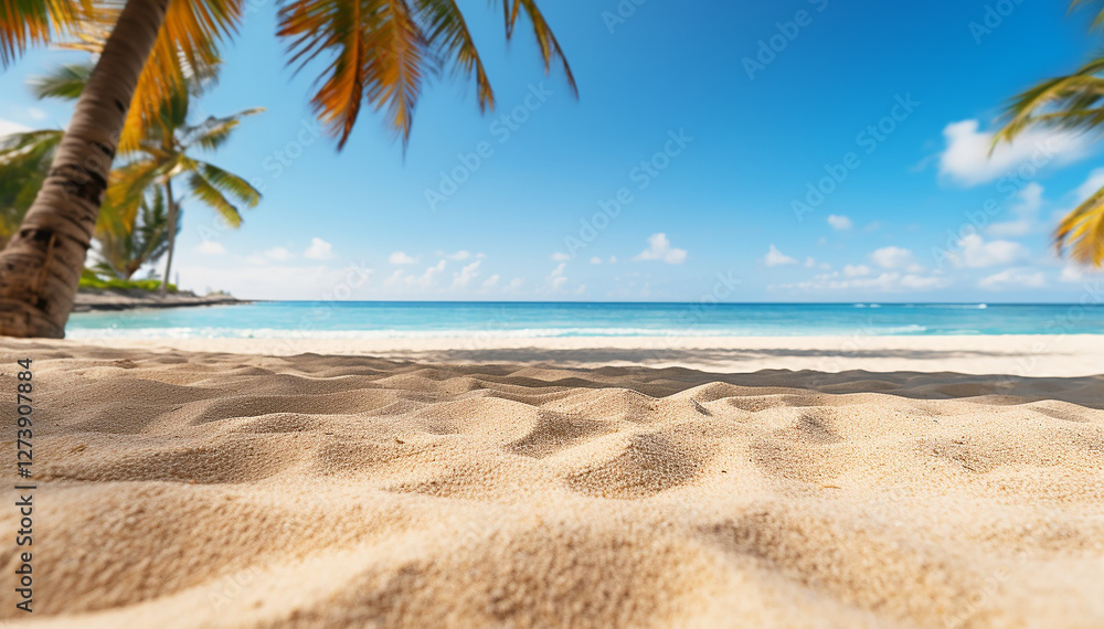 Obraz premium Summer white sand closeup beach background. Framed sandy copy space with palm trees and beautiful sea ocean landscape. Summertime holidays vacation. Sand beach resort. Tropical traveling.