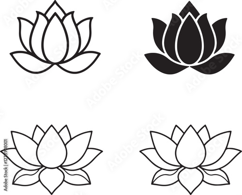 Set of lotus flower icons. Flat and line art style. Vector illustration isolated on white background