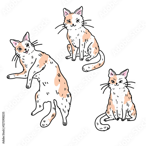 Vector illustration of a set with three cute white and orange cats lying on their backs, sitting, sleeping and smiling sweetly. Funny stickers of funny pets