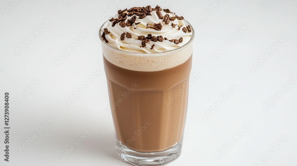 A tall glass filled with coffee, topped with whipped cream and adorned with chocolate sprinkles, creating a delightful beverage presentation. A tall glass filled with coffee, topped with whipped cream and adorned with chocolate sprinkles, creating a delightful beverage presentation.