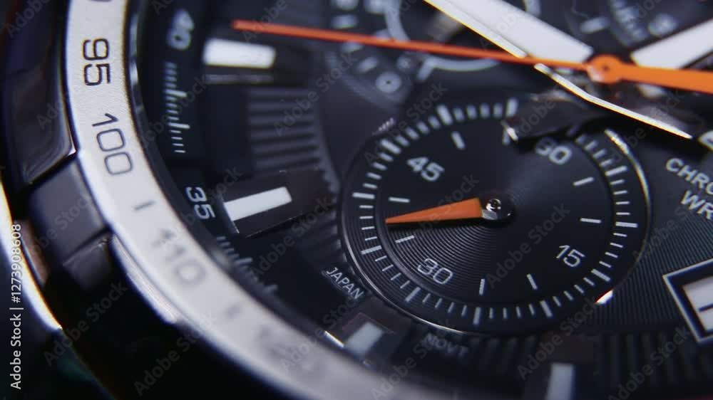 Ticking Clock face with moving hands on a quartz watch with chronograph
Ticking Clock face with moving hands on a quartz watch with chronograph