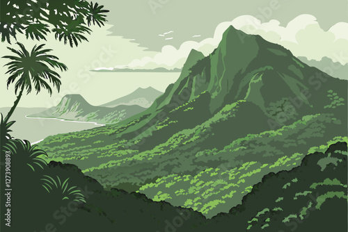  Lush green mountains, misty peaks, tropical forest, dense jungle canopy, isolated island, serene landscape, panoramic view, ethereal atmosphere, vibrant foliage, natural wonder, mysterious terrain,
