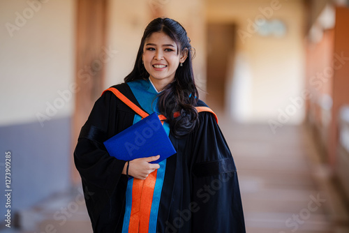A young woman in a graduation gown is smiling happily on her graduation day. She wears a graduation cap with blue tassels and a black gown with orange and blue stripes.