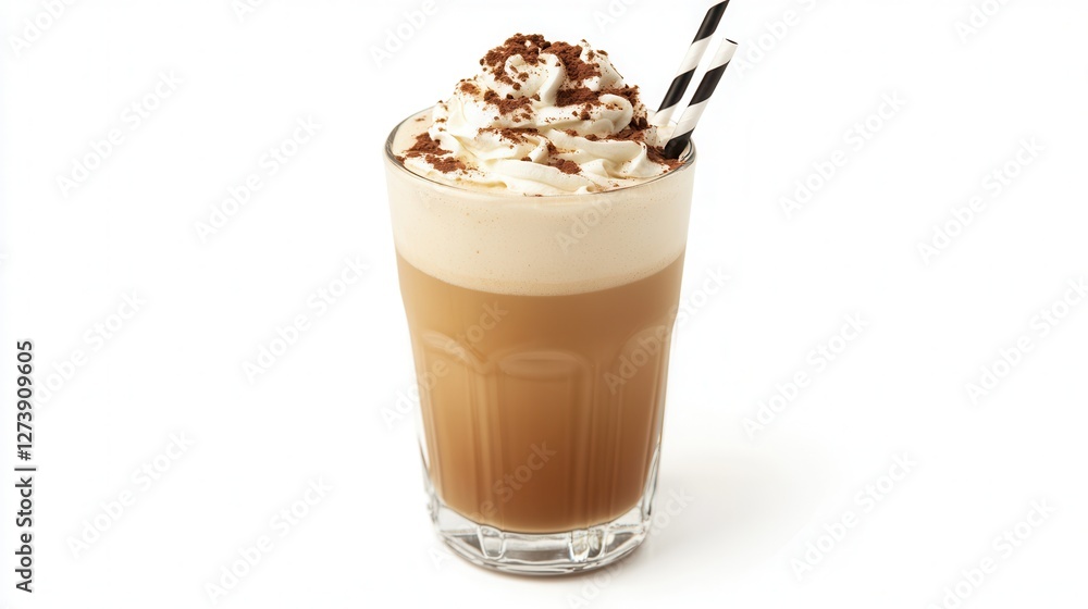 A tall glass of coffee topped with whipped cream and served with a straw, showcasing a delightful beverage experience. A tall glass of coffee topped with whipped cream and served with a straw, showcasing a delightful beverage experience.