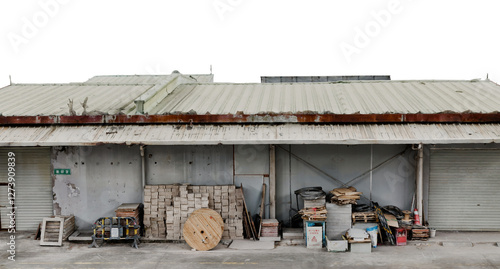 Old Storage Building with Rusty Roof isolated on white