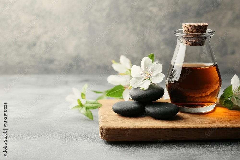 Aromatherapy essentials in spa setting with stones flowers Aromatherapy essentials in spa setting with stones flowers