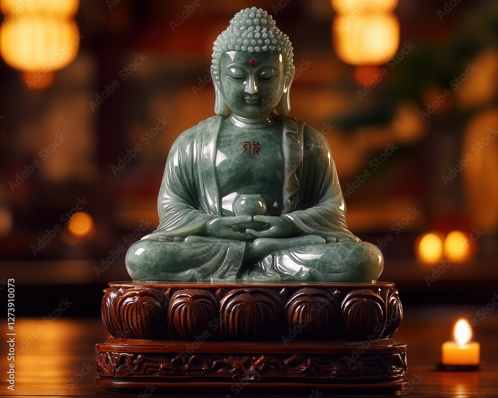A finely detailed Jade Buddha statue on a polished wooden base, illuminated by warm candlelight in a peaceful temple A finely detailed Jade Buddha statue on a polished wooden base, illuminated by warm candlelight in a peaceful temple