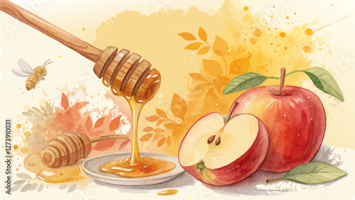 Watercolor honey dipper and apple in soft yellow and orange tones, warm and inviting, symbolizing the sweetness of the New Year